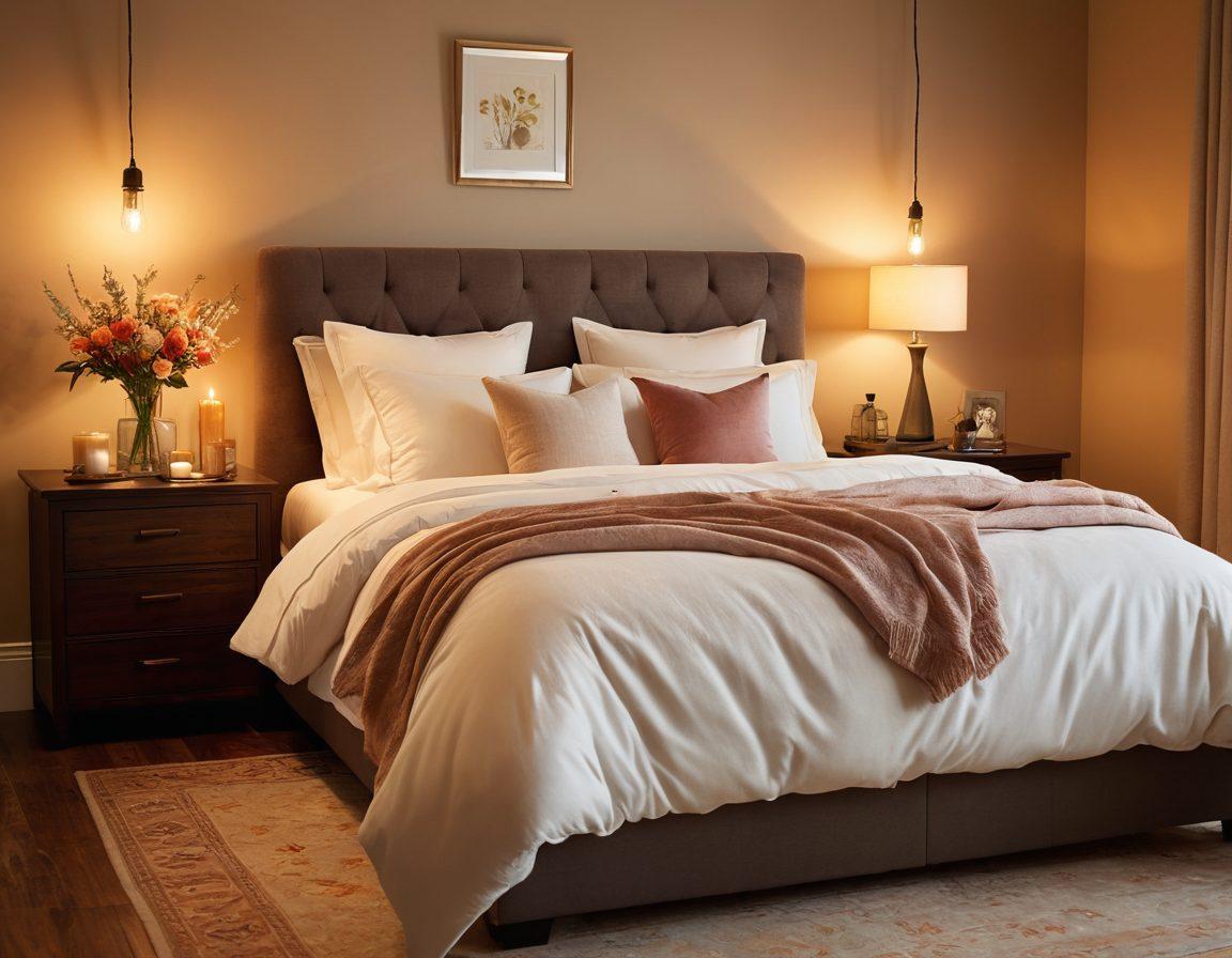 A warm and inviting bedroom featuring soft, ambient lighting, plush bedding, and tasteful decor that hints at intimacy. Include subtle elements like candles, a bottle of essential oils, and delicate flowers to enhance the atmosphere. The scene should evoke feelings of comfort, connection, and sensuality, appealing to a mature audience. super-realistic. warm tones. soft focus.